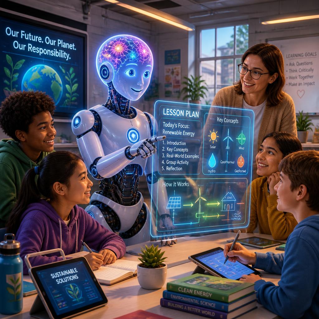 A friendly brain-like humanoid robot helping teachers and students with a glowing lesson plan
